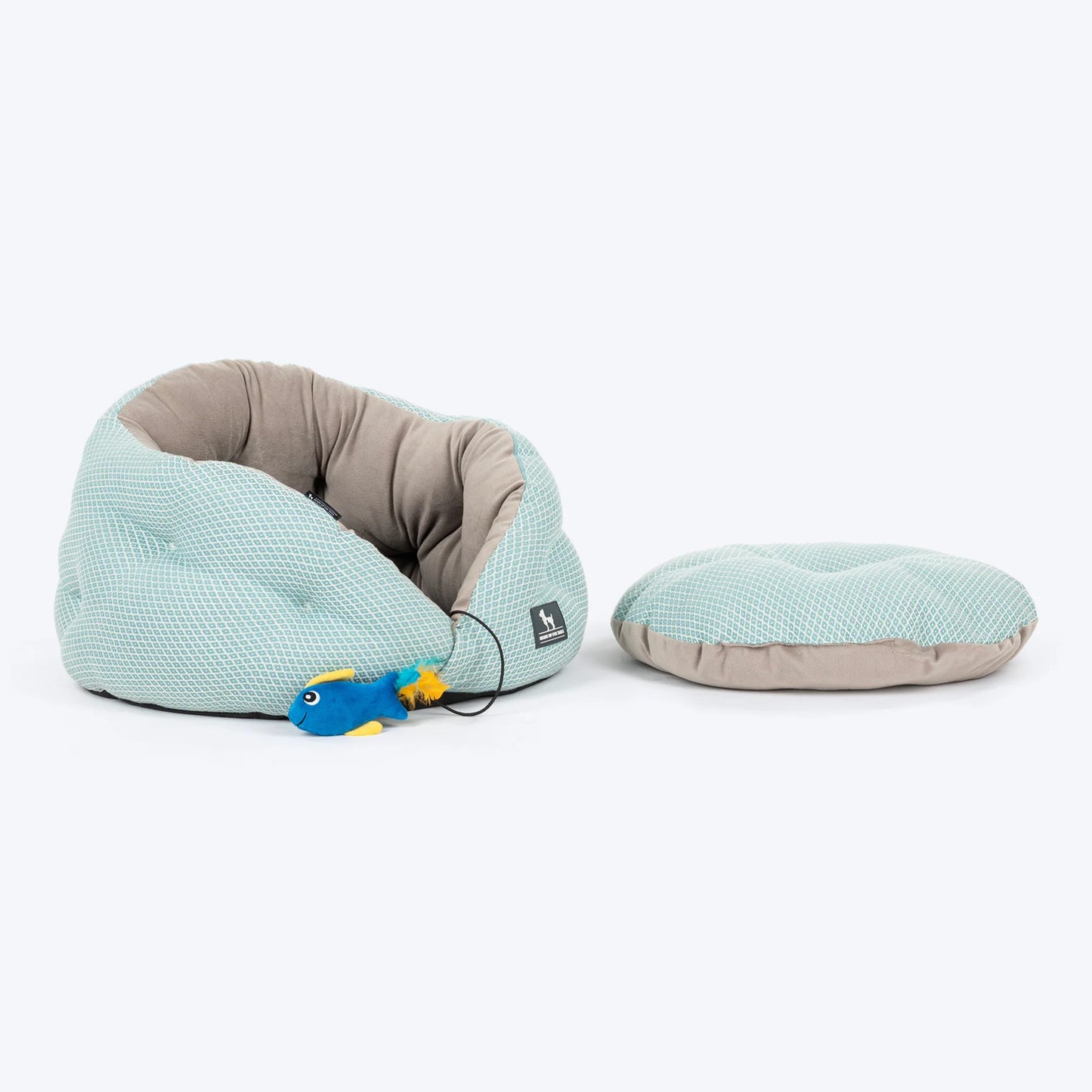 HUFT Purrfect Perch Bed With Fish Plush Toy For Cat & Puppy - Light Blue & Grey