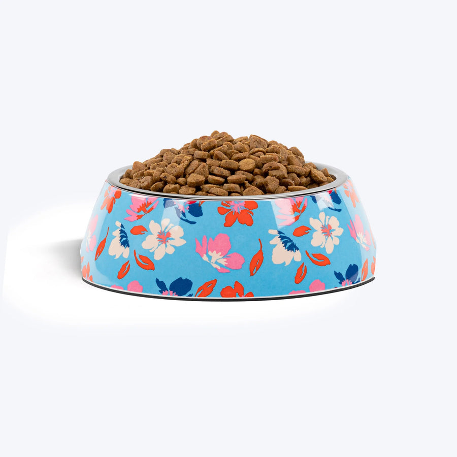 HUFT Summer Bloom Printed Melamine Bowl With Steel Insert For Dog - Blue