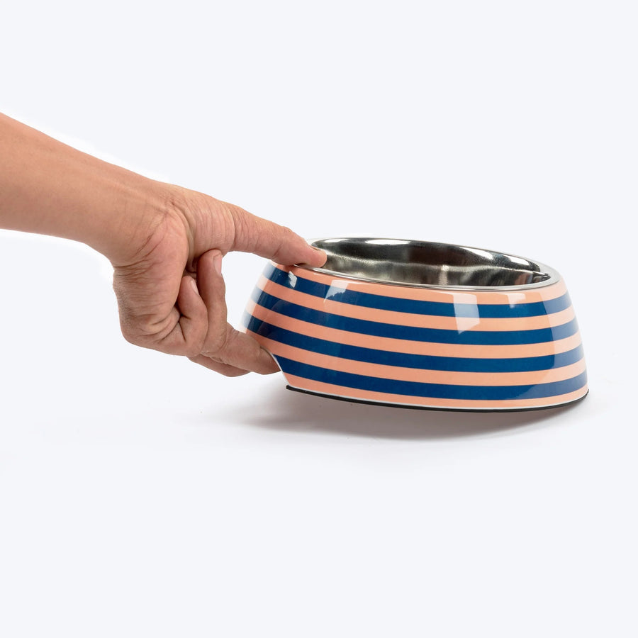 HUFT Happy Stripes Printed Melamine Bowl With Steel Insert For Dog - Blue & Peach