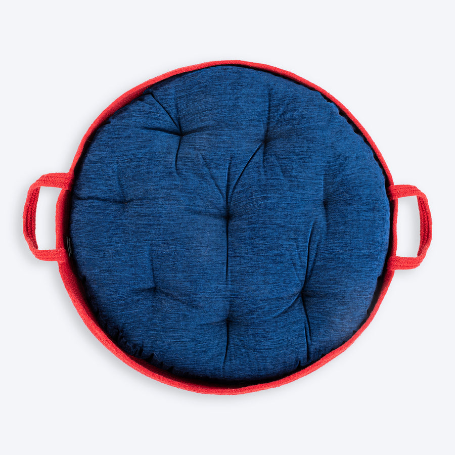 HUFT Cuddle Paws Jute Basket Bed With Cushion For Small Dogs & Cats - Red & Navy
