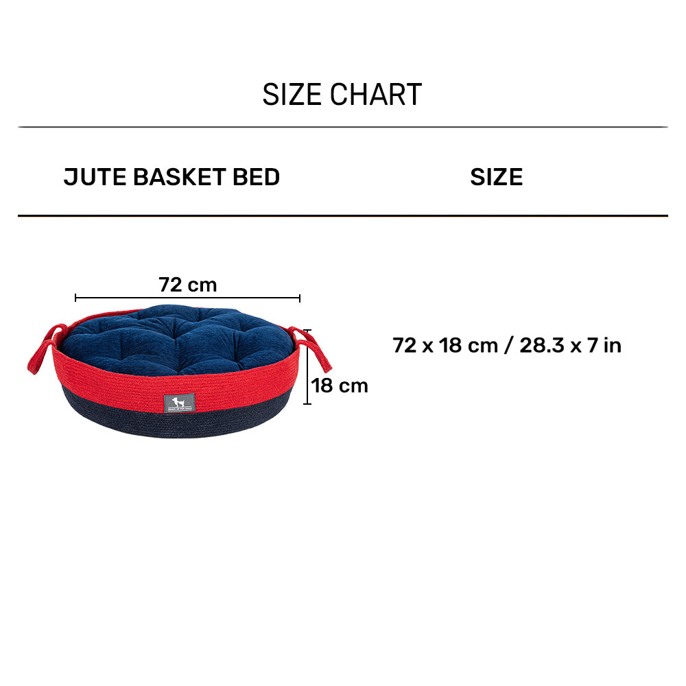 HUFT Cuddle Paws Jute Basket Bed With Cushion For Small Dogs & Cats - Red & Navy