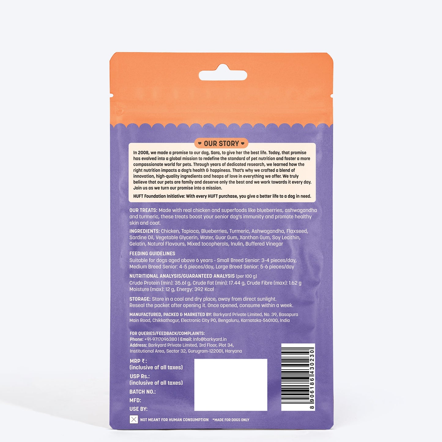 HUFT Yum Nums Chicken, Blueberries & Ashwagandha Soft Treat For Senior Dog - 70 g