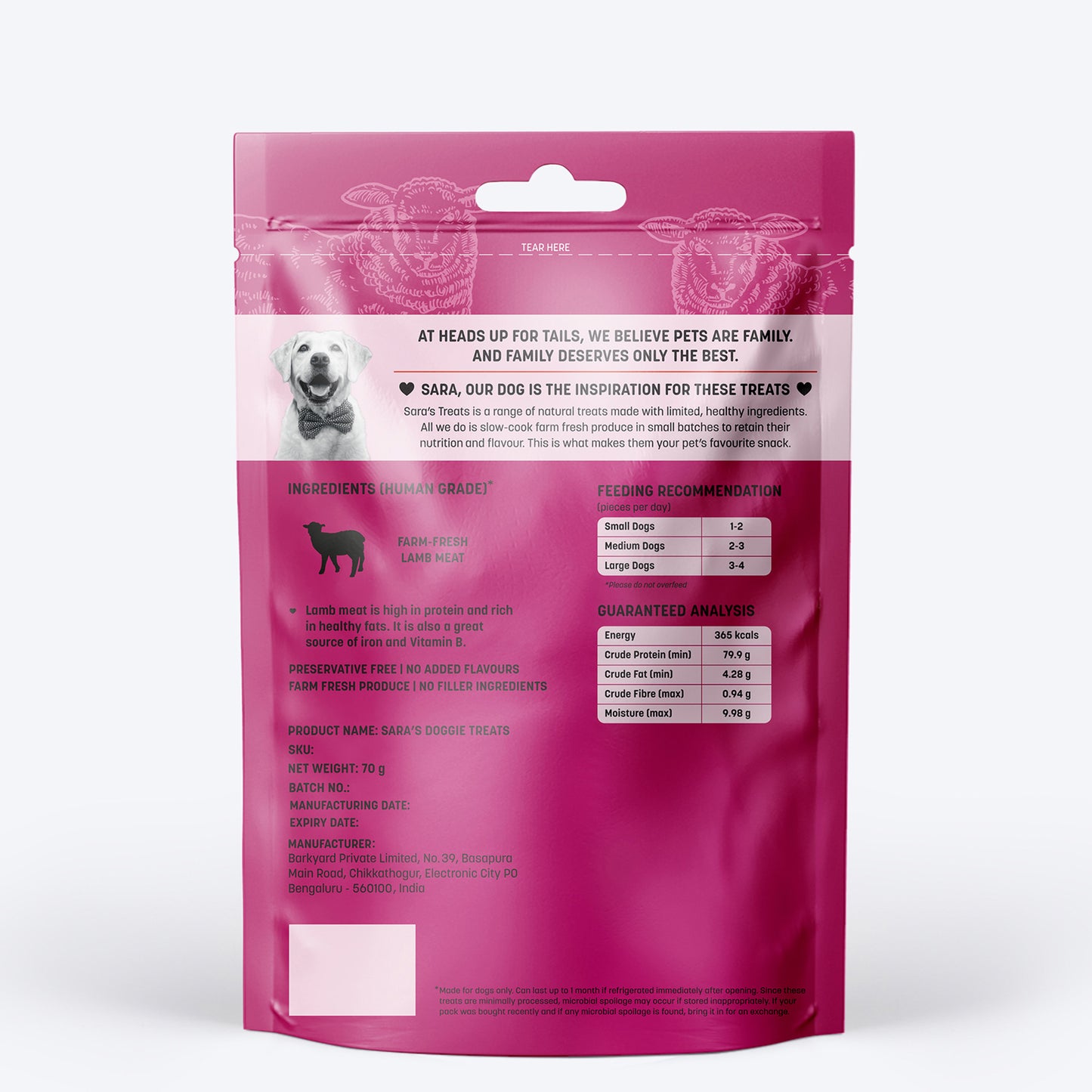 HUFT Sara's Doggie Treats - Dehydrated Lamb Jerky - 70g