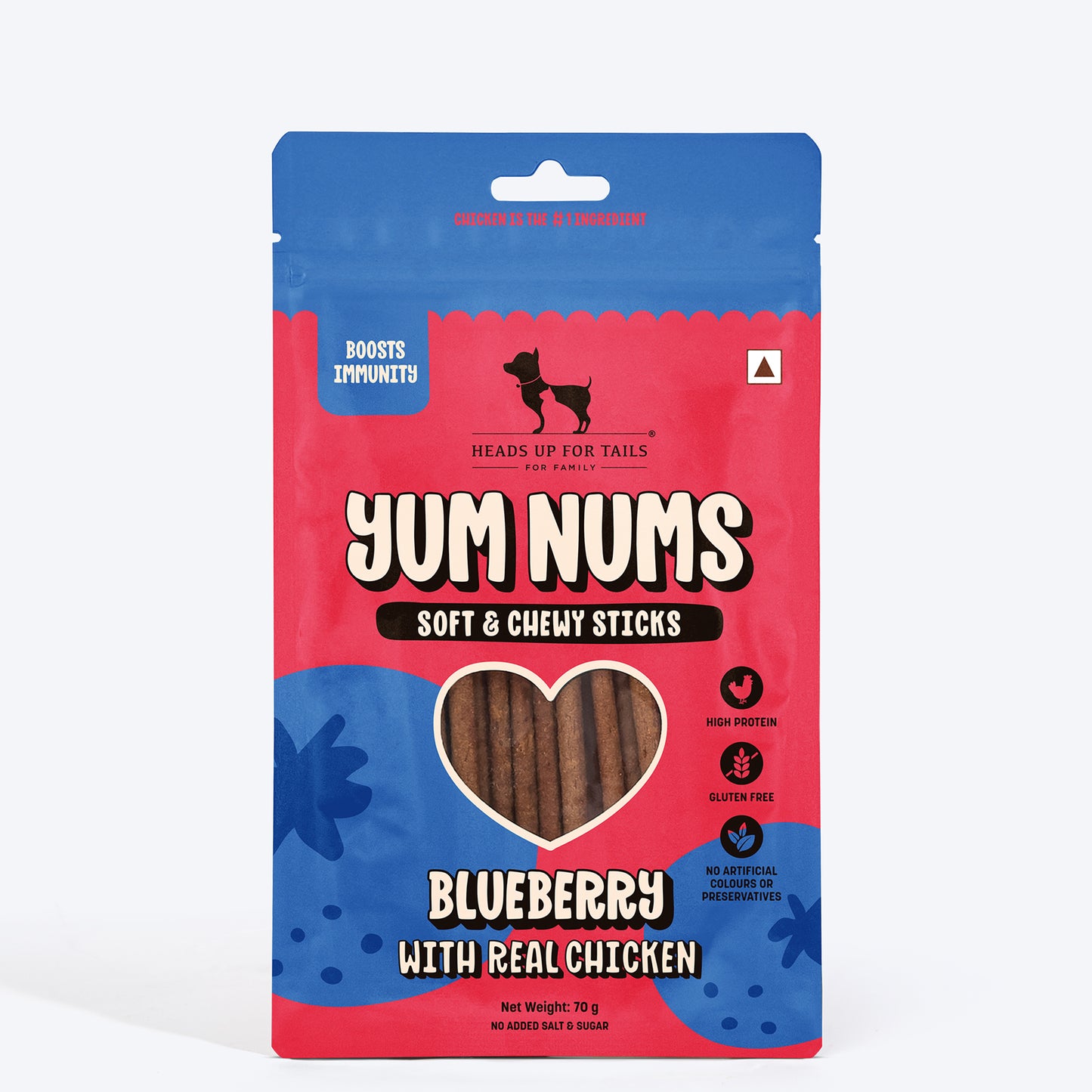 HUFT Yum Nums Blueberry With Real Chicken Soft & Chewy Sticks Treat For Dogs - 70 g