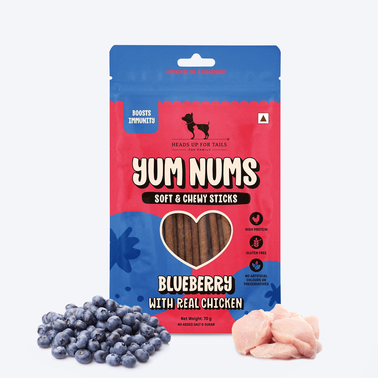 HUFT Yum Nums Blueberry With Real Chicken Soft & Chewy Sticks Treat For Dogs - 70 g