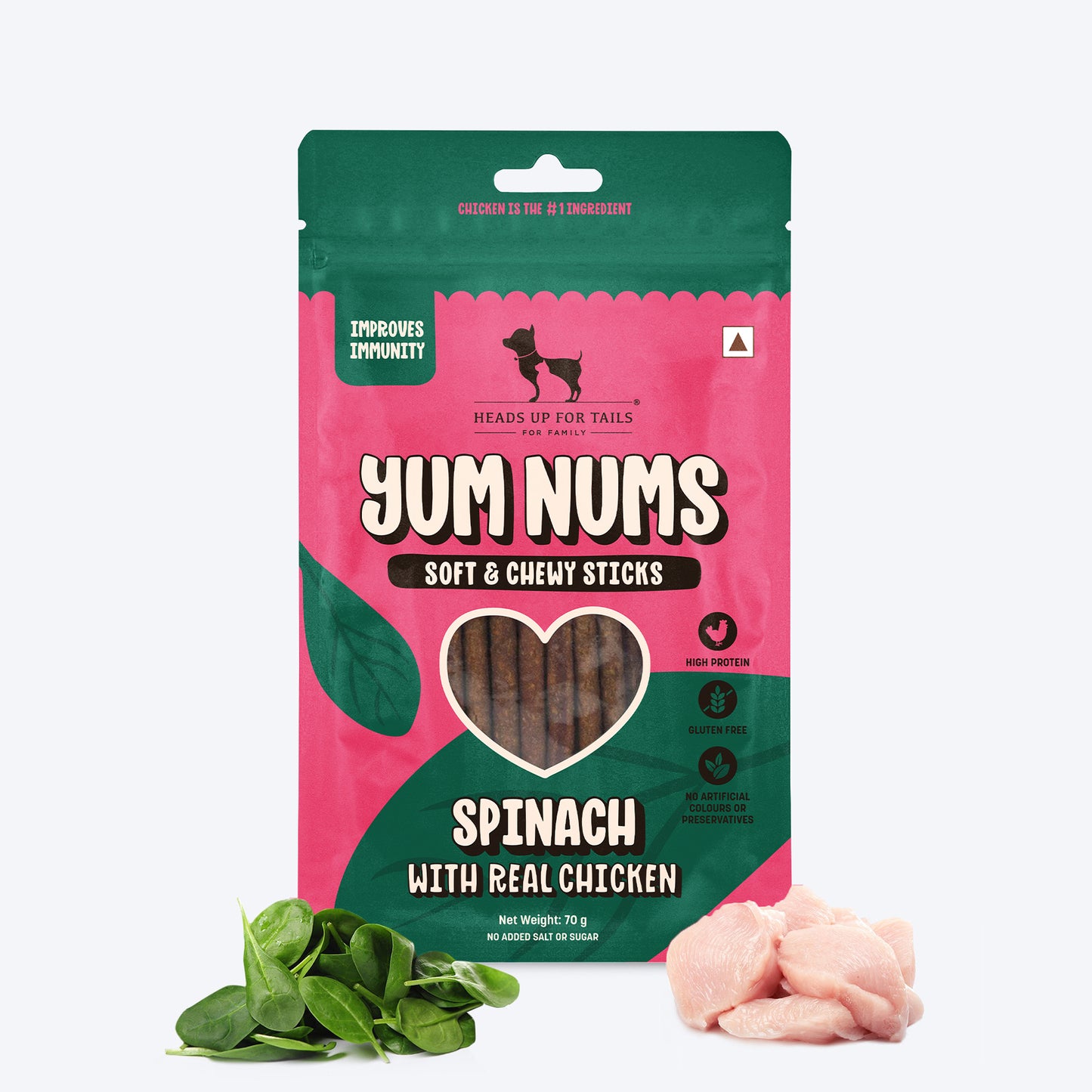 HUFT Yum Nums Soft & Chewy Sticks Spinach With Real Chicken Dog Treats - 70g