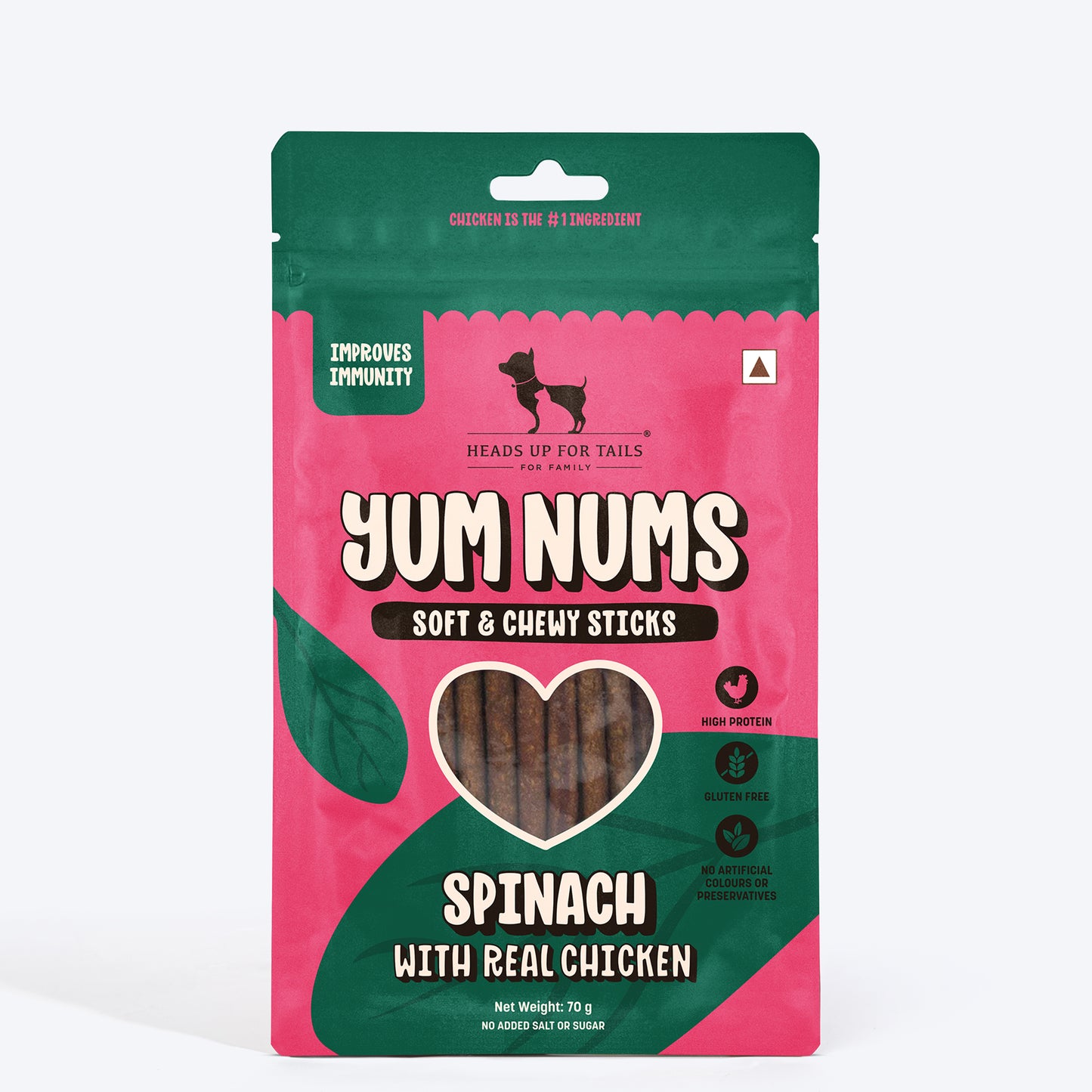HUFT Yum Nums Soft & Chewy Sticks Spinach With Real Chicken Dog Treats - 70g