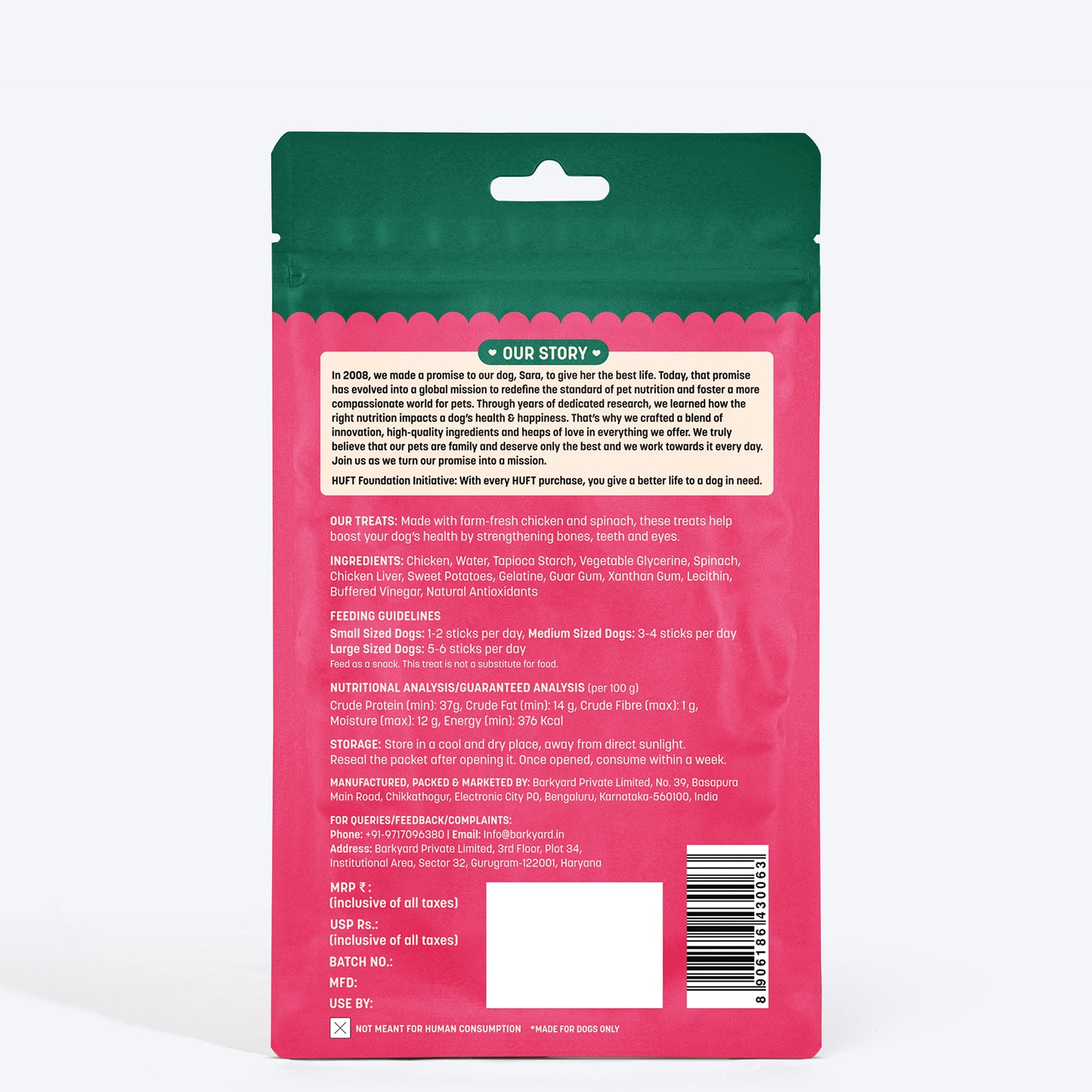 HUFT Yum Nums Soft & Chewy Sticks Spinach With Real Chicken Dog Treats - 70g