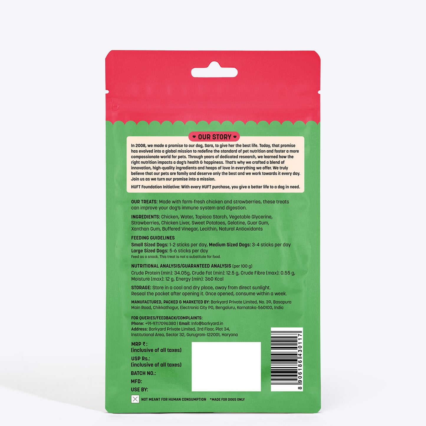 HUFT Yum Nums Soft & Chewy Sticks Strawberry with Real Chicken Treat For Dogs - 70g