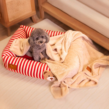 HUFT Bear Stripes Lounger Bed For Dog - Red & Ivory