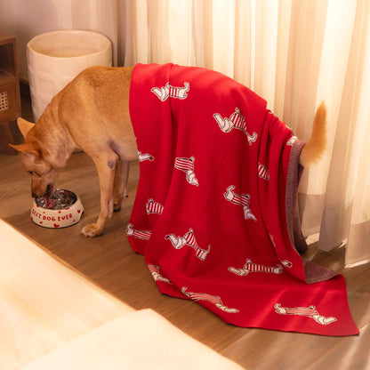 HUFT Stripes & Snouts Blanket With Cushion For Dog - Red - L