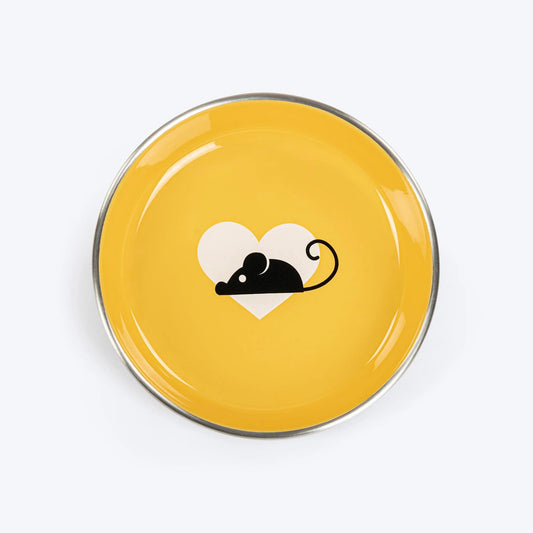 HUFT Purrfect Treat Printed Steel Bowl For Cat - Yellow