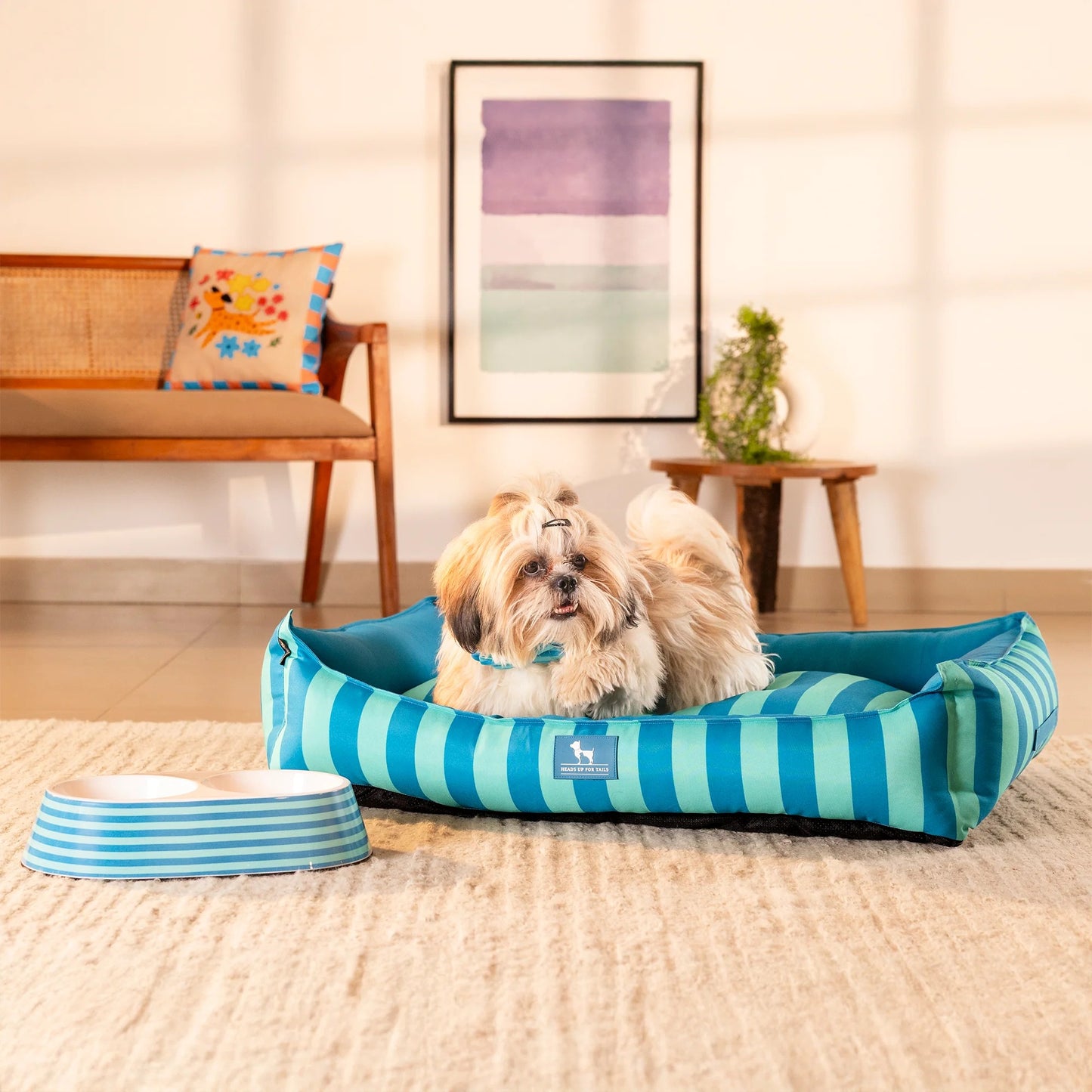 HUFT Happy Stripes Lounger Bed For Dog - Blue & Turquoise