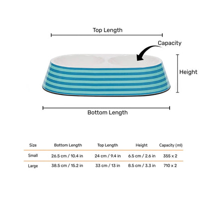 HUFT Happy Stripes Printed Melamine Double Diner For Dog - Blue & Turquoise