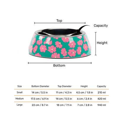 HUFT Pawsome Blossom Printed Melamine Bowl With Steel Insert For Dog - Green & Pink