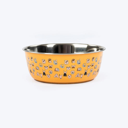 Huft Doodle Tails Printed Steel Bowl For Dog - Yellow