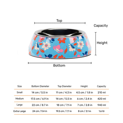 HUFT Summer Bloom Printed Melamine Bowl With Steel Insert For Dog - Blue