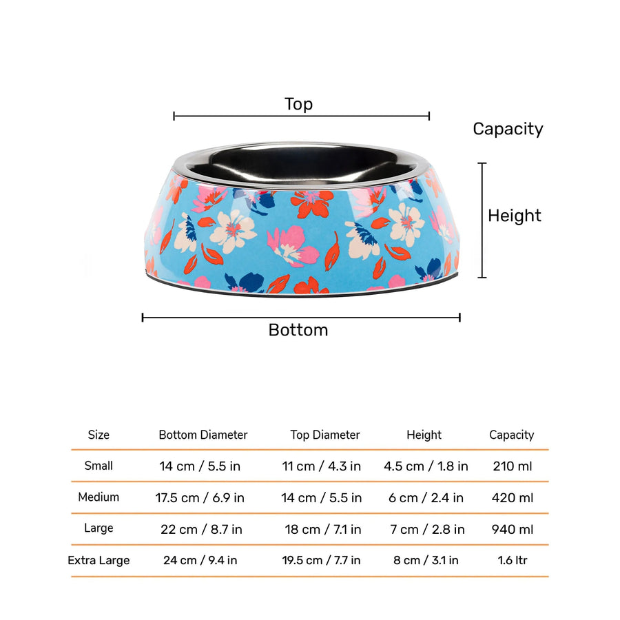 HUFT Summer Bloom Printed Melamine Bowl With Steel Insert For Dog - Blue