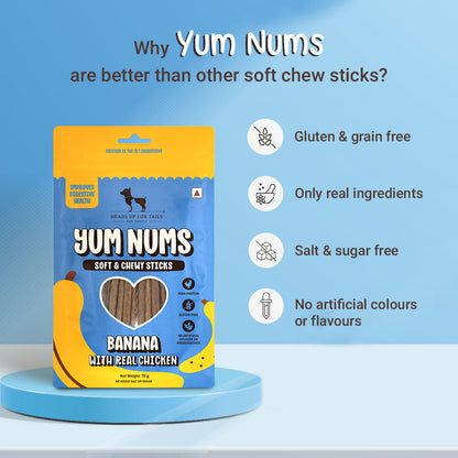 HUFT Yum Nums Banana With Real Chicken Soft & Chewy Sticks Treat For Dogs - 70 g