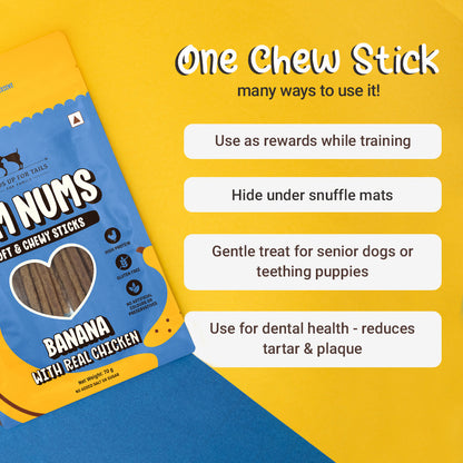 HUFT Yum Nums Banana With Real Chicken Soft & Chewy Sticks Treat For Dogs - 70 g