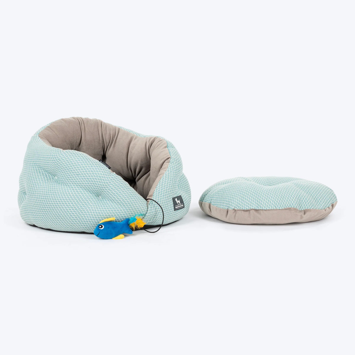HUFT Purrfect Perch Bed With Fish Plush Toy For Cat & Puppy - Light Blue & Grey