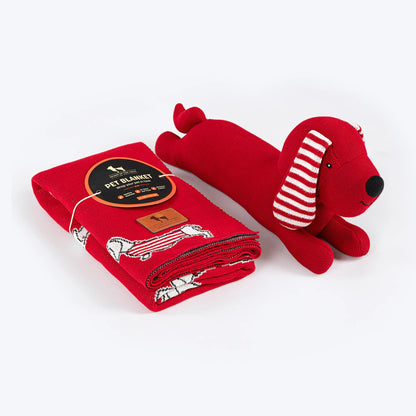 HUFT Stripes & Snouts Blanket With Cushion For Dog - Red - L