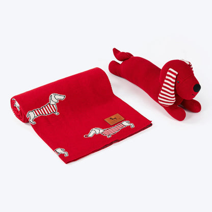 HUFT Stripes & Snouts Blanket With Cushion For Dog - Red - L