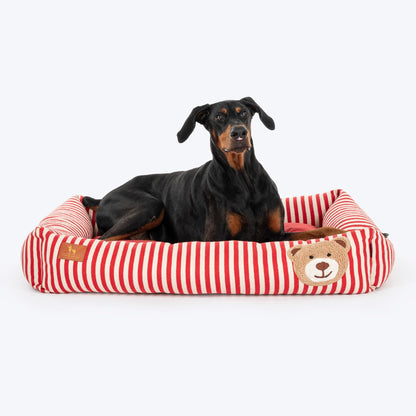 HUFT Bear Stripes Lounger Bed For Dog - Red & Ivory