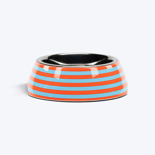 HUFT Happy Stripes Printed Melamine Bowl With Steel Insert For Dog - Blue & Orange