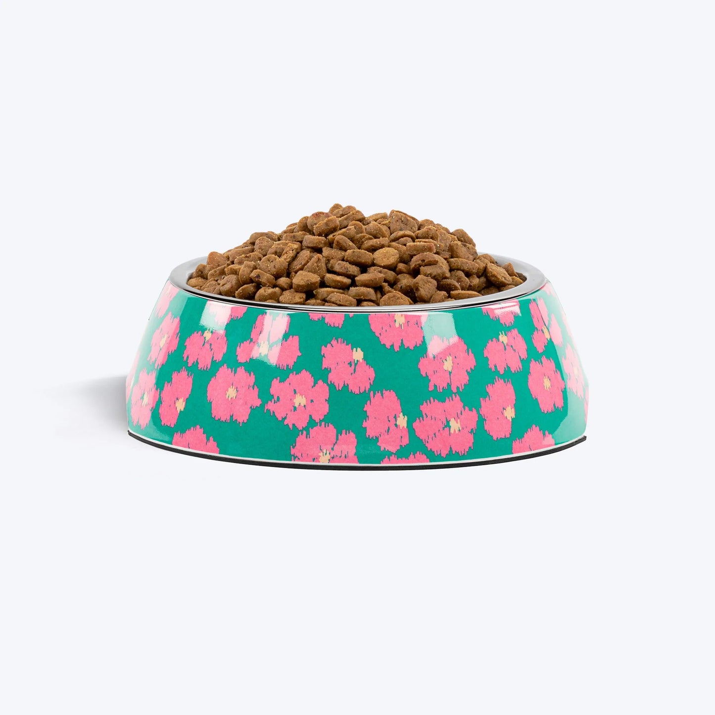 HUFT Pawsome Blossom Printed Melamine Bowl With Steel Insert For Dog - Green & Pink