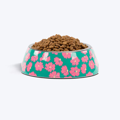 HUFT Pawsome Blossom Printed Melamine Bowl With Steel Insert For Dog - Green & Pink