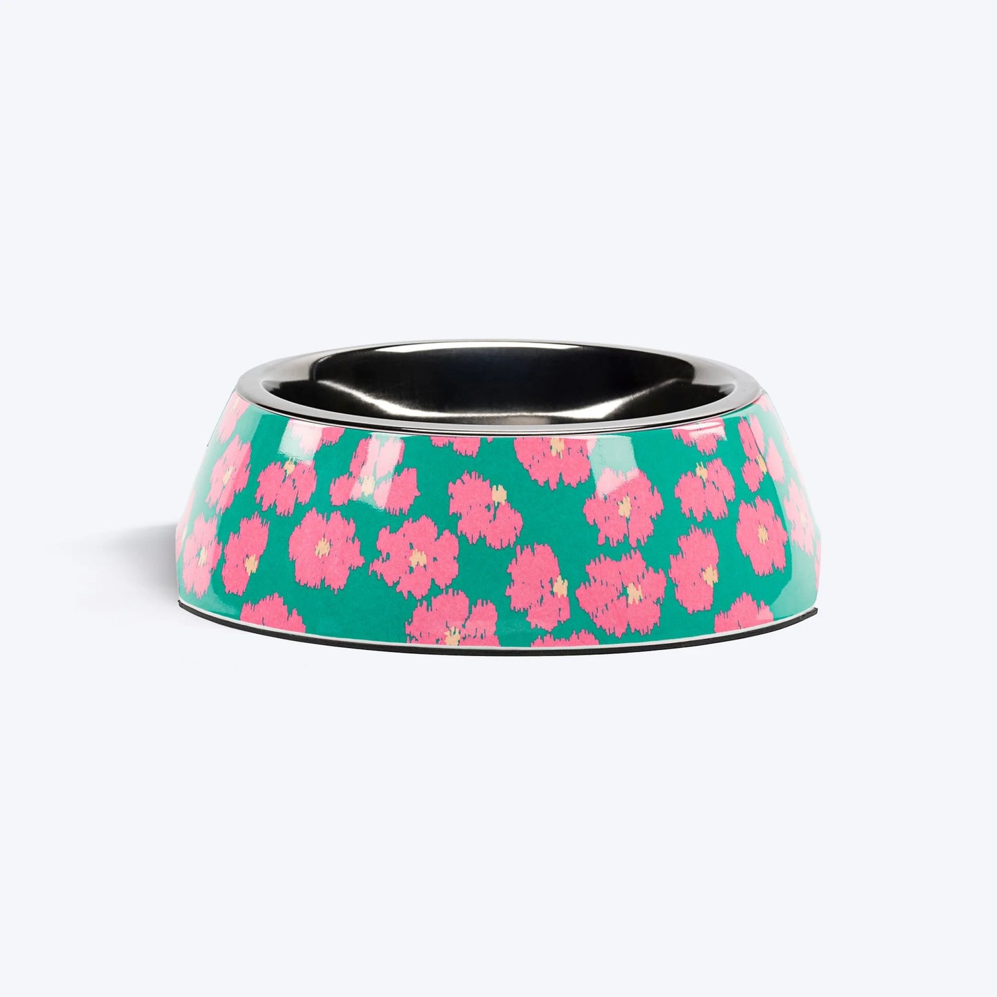 HUFT Pawsome Blossom Printed Melamine Bowl With Steel Insert For Dog - Green & Pink