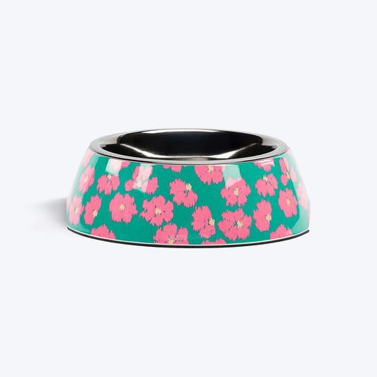 HUFT Pawsome Blossom Printed Melamine Bowl With Steel Insert For Dog - Green & Pink