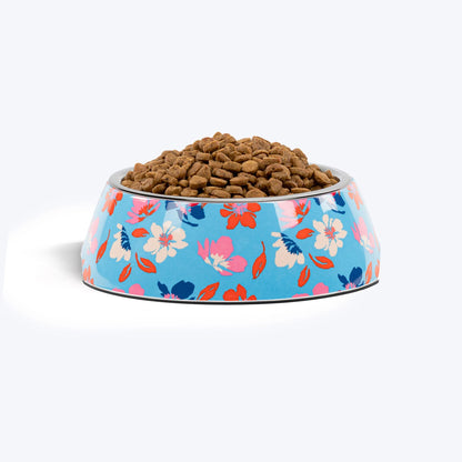 HUFT Summer Bloom Printed Melamine Bowl With Steel Insert For Dog - Blue