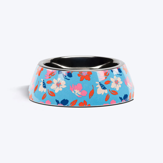 HUFT Summer Bloom Printed Melamine Bowl With Steel Insert For Dog - Blue