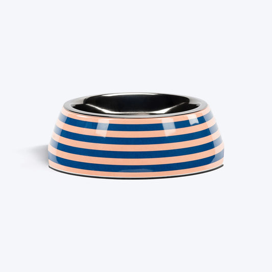 HUFT Happy Stripes Printed Melamine Bowl With Steel Insert For Dog - Blue & Peach