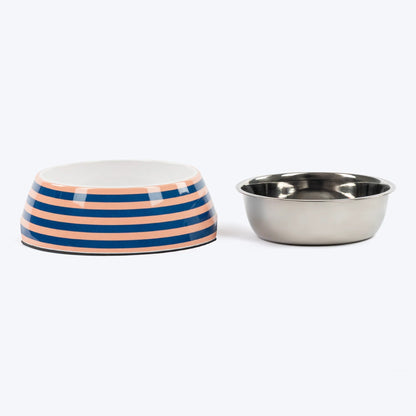 HUFT Happy Stripes Printed Melamine Bowl With Steel Insert For Dog - Blue & Peach