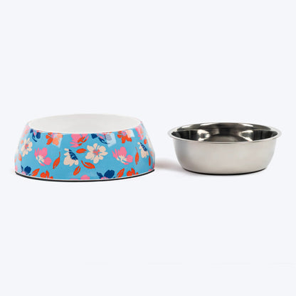 HUFT Summer Bloom Printed Melamine Bowl With Steel Insert For Dog - Blue