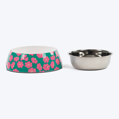 HUFT Pawsome Blossom Printed Melamine Bowl With Steel Insert For Dog - Green & Pink