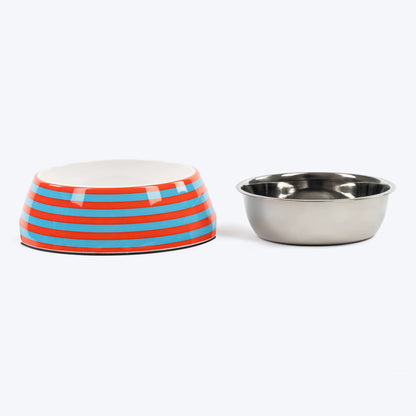 HUFT Happy Stripes Printed Melamine Bowl With Steel Insert For Dog - Blue & Orange