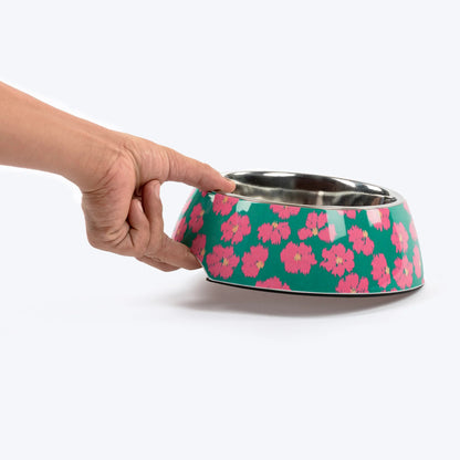 HUFT Pawsome Blossom Printed Melamine Bowl With Steel Insert For Dog - Green & Pink