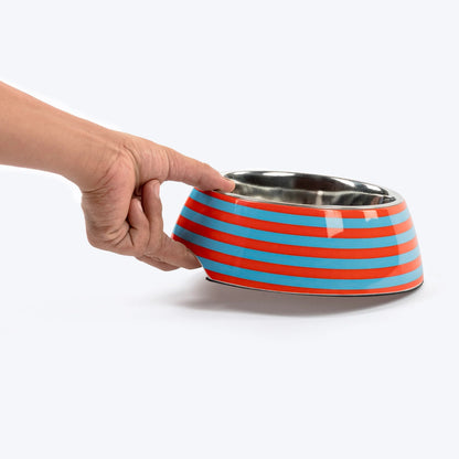 HUFT Happy Stripes Printed Melamine Bowl With Steel Insert For Dog - Blue & Orange