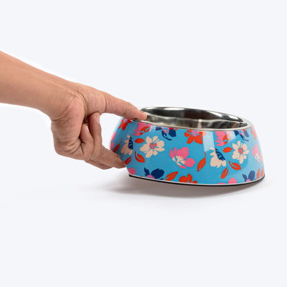 HUFT Summer Bloom Printed Melamine Bowl With Steel Insert For Dog - Blue