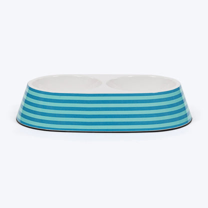 HUFT Happy Stripes Printed Melamine Double Diner For Dog - Blue & Turquoise