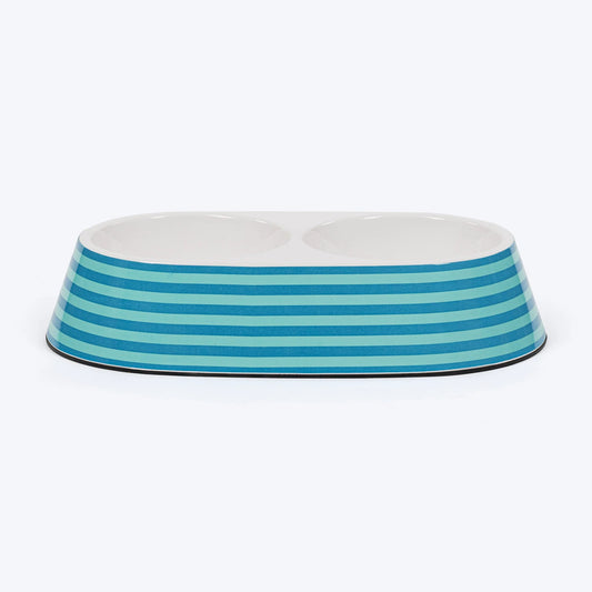 HUFT Happy Stripes Printed Melamine Double Diner For Dog - Blue & Turquoise