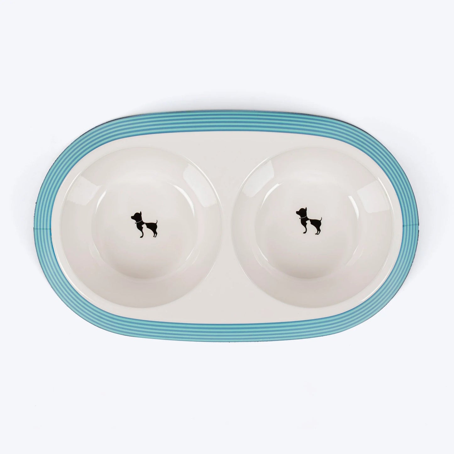 HUFT Happy Stripes Printed Melamine Double Diner For Dog - Blue & Turquoise