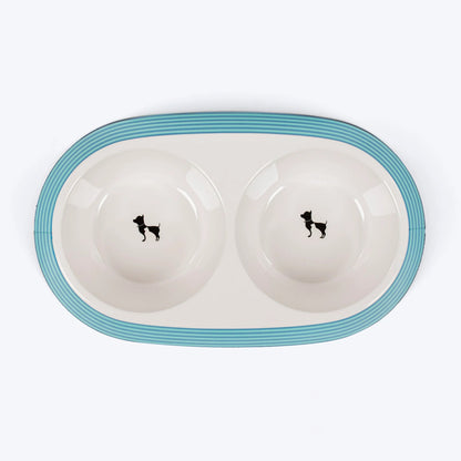 HUFT Happy Stripes Printed Melamine Double Diner For Dog - Blue & Turquoise