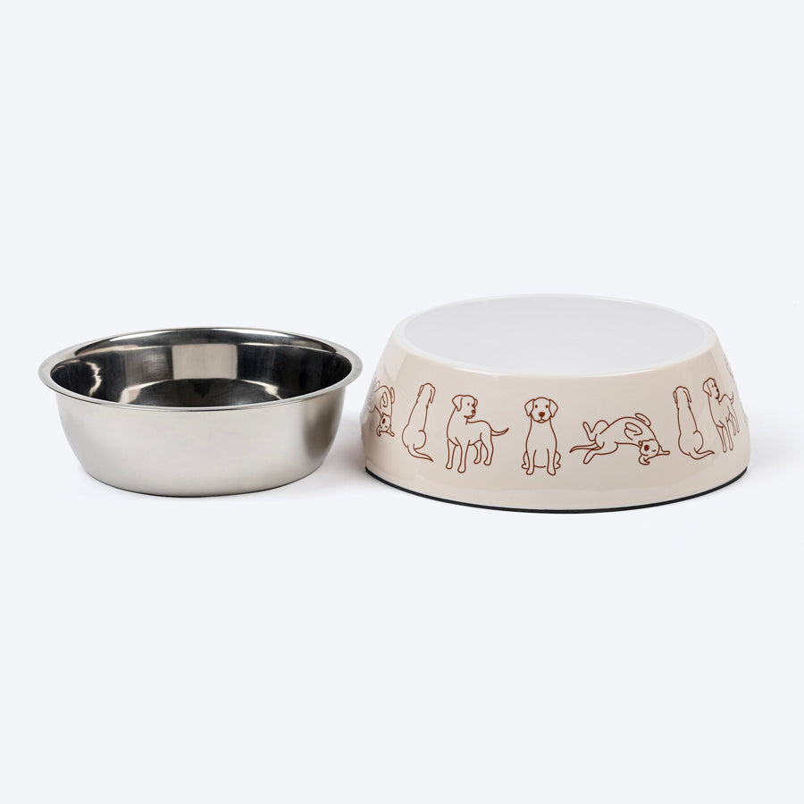 HUFT Wag And Doodle Printed Melamine Bowl With Steel Inserts For Dog - Beige