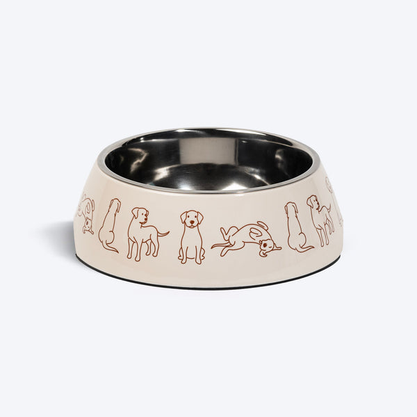HUFT Wag And Doodle Printed Melamine Bowl With Steel Inserts For Dog - Beige